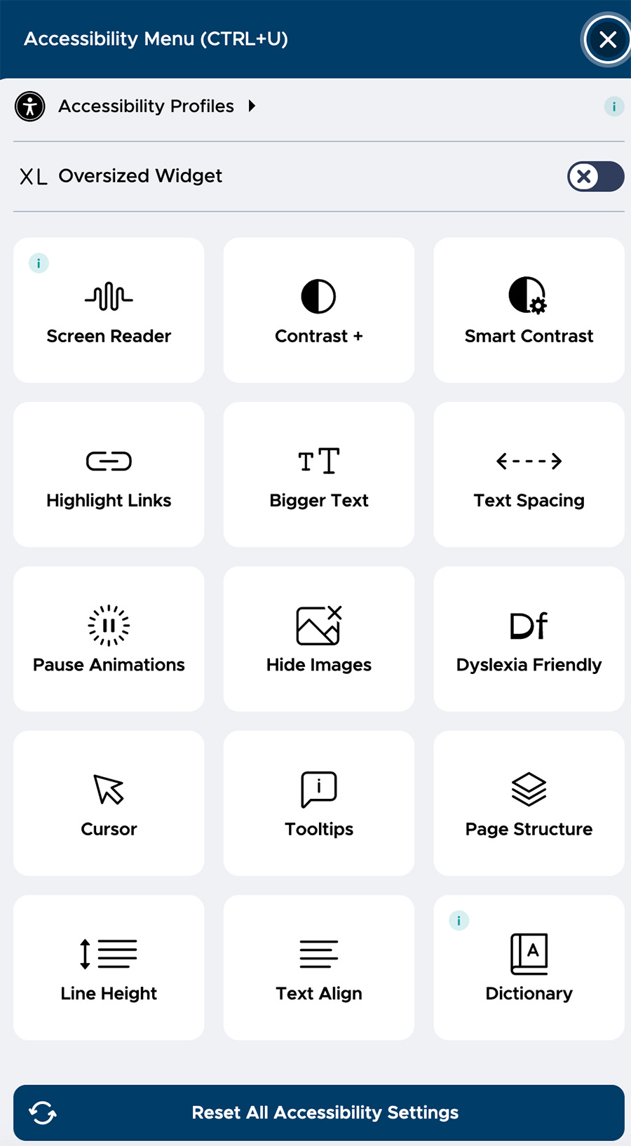 Userway Menu and interface